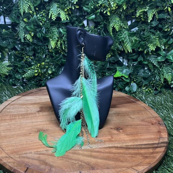 Earrings Women Gold Tone Green Feather‎ Earrings Dangle Drop 10 Inches 2126 - Picture 5 of 5